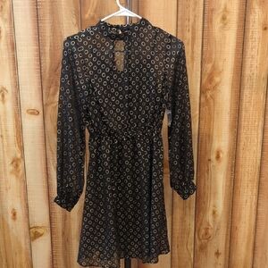 Modcloth Black Gold Metallic Circle Print Sheer Long Sleeve Dress